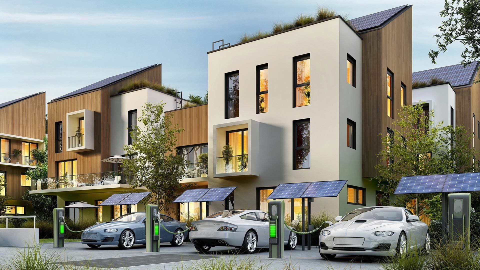3D-Simulation einer modernen Wohnsiedlung mit Elektroautos, Photovoltaikanlagen und Ladestationen